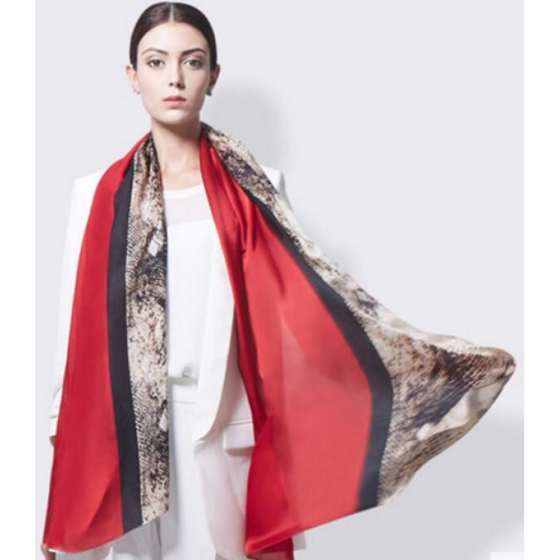 Pure Silk Scarf Red Print Women Summer Scarf